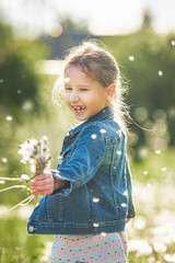 cute little girl blowing dandelions in a sunny flower meadow . Summer seasonal outdoor activities...