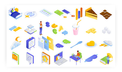 Health monitoring vector isometric icon set. Check sugar intake, read before bedtime, get doctor consultation.