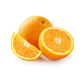 Orange fruit with half of orange and orange slice isolated on white background.