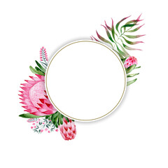 Watercolor hand-painted in a gold frame with protea, flowers and green palm leaves. Vintage floral design template. Circular frame for wedding invitations, anniversaries, holidays.
