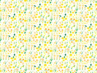 黄色い春の花柄お花畑パターン　チューリップ　薔薇　菜の花