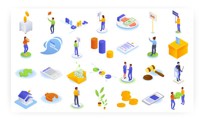 Anti corruption social protest, political meeting, vector isometric icon set. Right voice. Petition, election, vote.