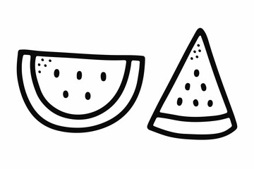 Semicircular, triangular slices of watermelon on white background. Doodle fresh kawaii fruit. Outline summer juicy food. Hand-drawn sweet treat image. Cute line melon with seeds. Vector illustration