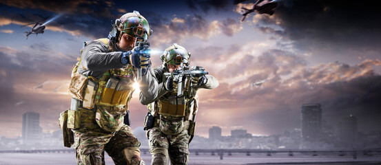 Soldier special forces on a futuristic background. Military concept of the future. - obrazy, fototapety, plakaty