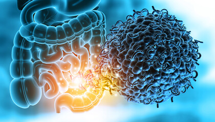 Human colon with microbiome, bacteria. 3d illustration.