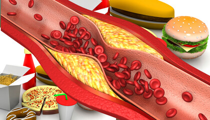 Cholesterol blocked arteries on fastfood background. 3d illustration.