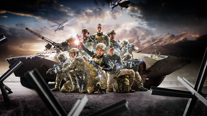 Soldier special forces on a futuristic background. Military concept of the future.