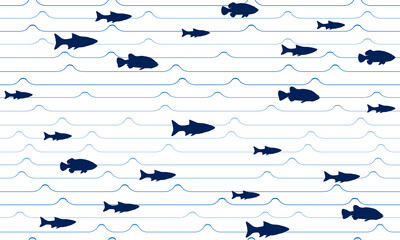 Obraz premium School of fish swimming seamless pattern vector print. Ocean or sea waves, curve stripes background.