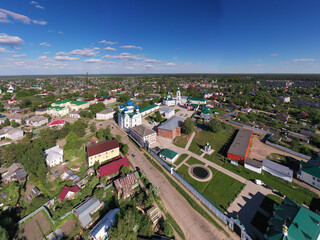 panoramic views from the drone of the city blocks, recreation parks and the Uglich embankment