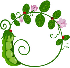 Round frame green peas, leaves, flowers and ladybugs