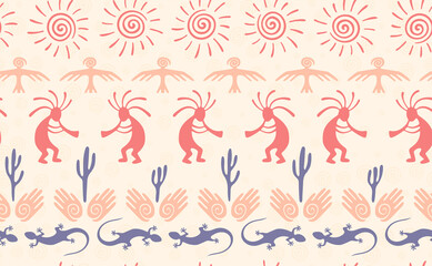 Kokopelli with flute, pangolin, hawk, sun symbol, hands and plant tribal vector seamless pattern.