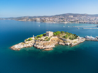 Fototapeta na wymiar Aerial view of Guvercinada Island with scenic castle, Kusadasi