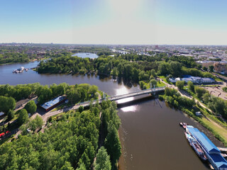 Panoramic drone views of city blocks, recreation parks and the Yaroslavl embankment