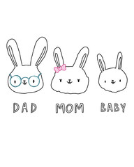 Print, banner, brochure with a cute bunny family text dad mom baby isolated background. Postcard rabbit vector illustration.