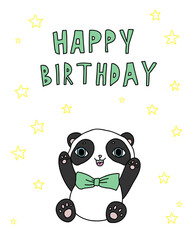 Cute cartoon funny animal. Happy birthday panda text. Doodle illustration with stars for baby.
