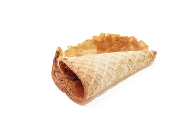 Empty ice cream cone isolated on white background. Blank crispy ice cream cone for different fillings, space for text