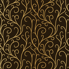 hand drawn smooth line branches seamless pattern, abstract gold botanical elements on dark green royal background