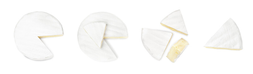 Set with delicious brie cheese on white background, top view. Banner design