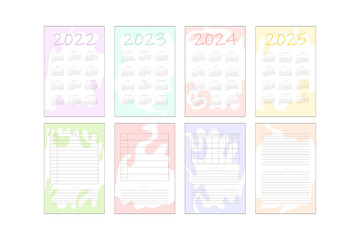 Fototapeta na wymiar 2022 2023 2024 2025 calendar and daily weekly monthly planner to do list with delicate minimalist design