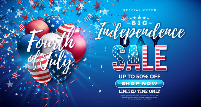 Fourth of July Independence Day Sale Banner Design with American Flag Pattern Party Balloon and Falling Confetti on Blue Background. USA National Holiday Vector Illustration with Special Offer for