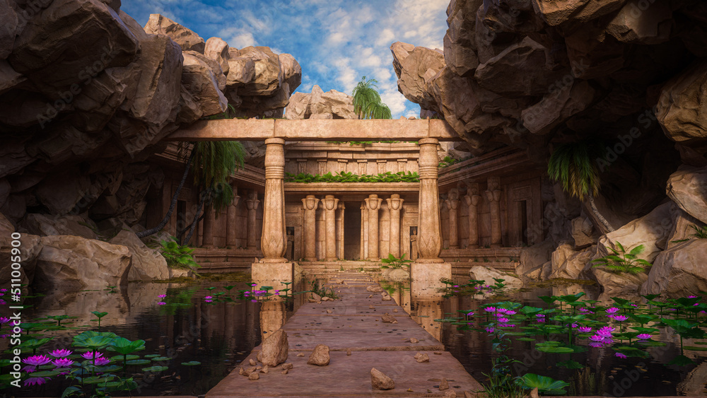 Poster ancient fantasy temple entrance with stone path across a pond to the doorway. 3d rendering.