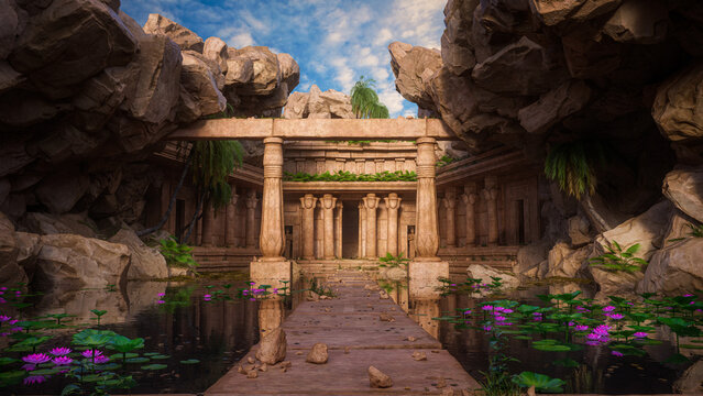Ancient fantasy temple entrance with stone path across a pond to the doorway. 3D rendering.