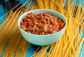 Spaghetti pasta with bolognese sauce. Homemade bolognese sauce