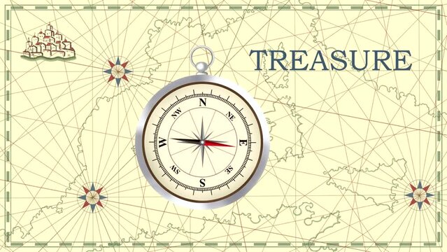 Animation with a map and a compass arrow rotating near the word "treasure" (seamless loop)