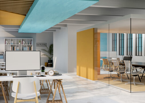 Modern office building workplace interior with computer workstation and modern meeting room.