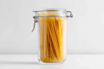 food, eating and cooking concept - close up of jar with pasta on white background