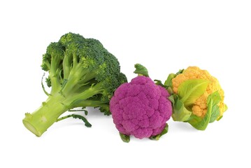 Fresh colorful cauliflowers and broccoli on white