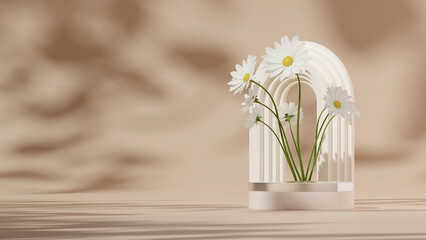 3D render template glass podium in landscape with arch, white daisy, and tan background
