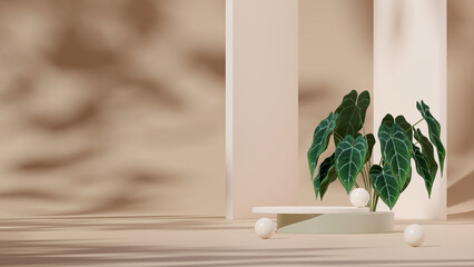 3D rendering template green and almond podium in landscape with sphere decor and anthurium plant