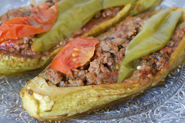 Traditional delicious Turkish food; Meat and Zucchini dish, (Turkish name: Kabak Karniyarik)