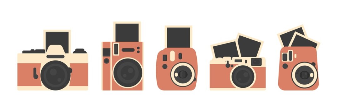 A set of Cameras with blank Photo cards. Isolated Cameras on a white background. Vector illustration.