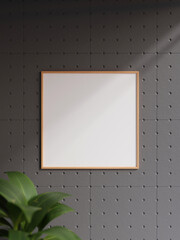 Minimalist square wooden poster or photo frame in industrial wall room interior design with plant...