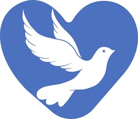 White Dove bird with blue heart. Vector illustration card.