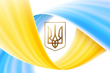 Yellow blue wavy ribbon flow design on white background. Golden trident, coat of arms Ukraine. Independence Day of Ukraine color line flyng effect abstract background. Fabric folds web banner design - obrazy, fototapety, plakaty