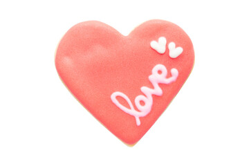 Red Heart Shaped Cookie with Royal Icing Isolated on White Background