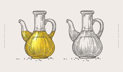 Hand-drawn bottles with organic oil or vinegar on a light isolated background. Can be used for cafe menu design, restaurant and store packaging. Vintage illustration in engraving style.