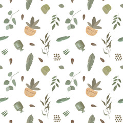 Abstract modern seamless pattern. Simple shapes, banana leaves, flower pot on white background.