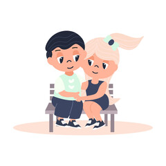 Illustration of a cute couple. Happy young couple. A boy and a girl are sitting on a bench. Vector illustration isolated on white background in cartoon style