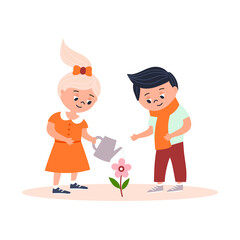 Illustration of a cute couple. Happy young couple. A boy and a girl are watering a flower. Vector illustration isolated on white background in cartoon style