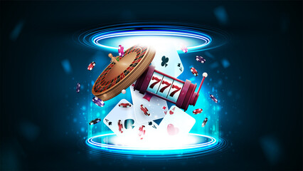 Casino playing cards, casino roulette, slot machine and poker chips inside blue portal made of digital rings in dark empty scene