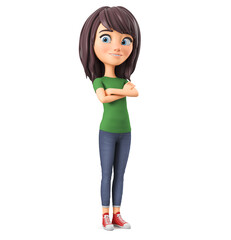 Cartoon character girl in a green t-shirt crossed her arms over her chest. 3d render illustration.