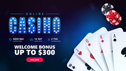 Online casino, blue invitation banner for website with button, welcome bonus, casino playing cards and poker chips on blue background, top view