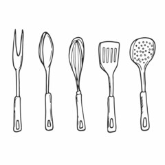 Kitchen objects black and white silhouette doodle vector icon set