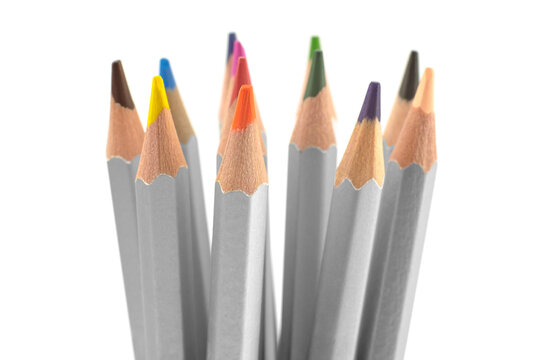 Colored pencils on a white background close up, isolate