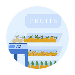 Grocery shop interior. Supermarket with food product shelves, racks with dairy, fruits, fridge with drinks. Store vector concept background