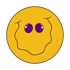 Trippy smile in trendy style. Vector crazy illustration. Retro cartoon icon with orange trippy smile on white background. Daisy flower with face. Retro y2k style.